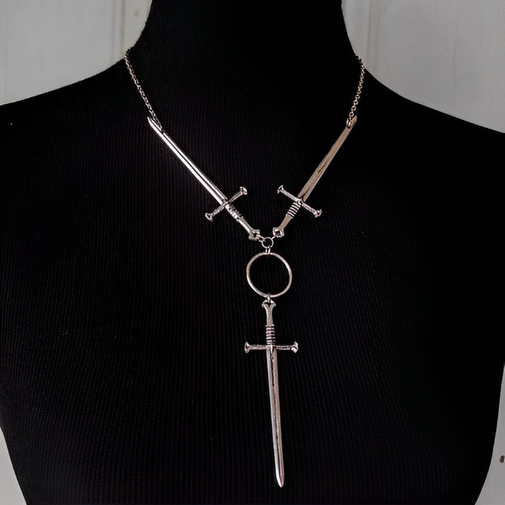 Three Sword Necklace Choker Necklace Silver Tone Goth  Avant Garde Medievel